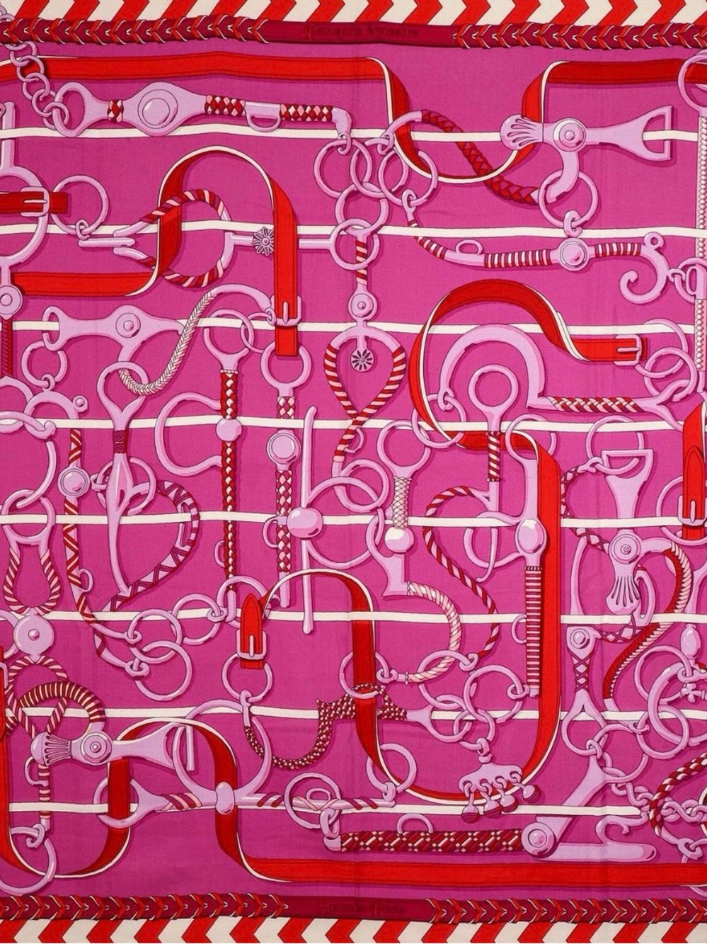 Hermes Pink and Red Silk Scarf with Equestrian Chain Motif